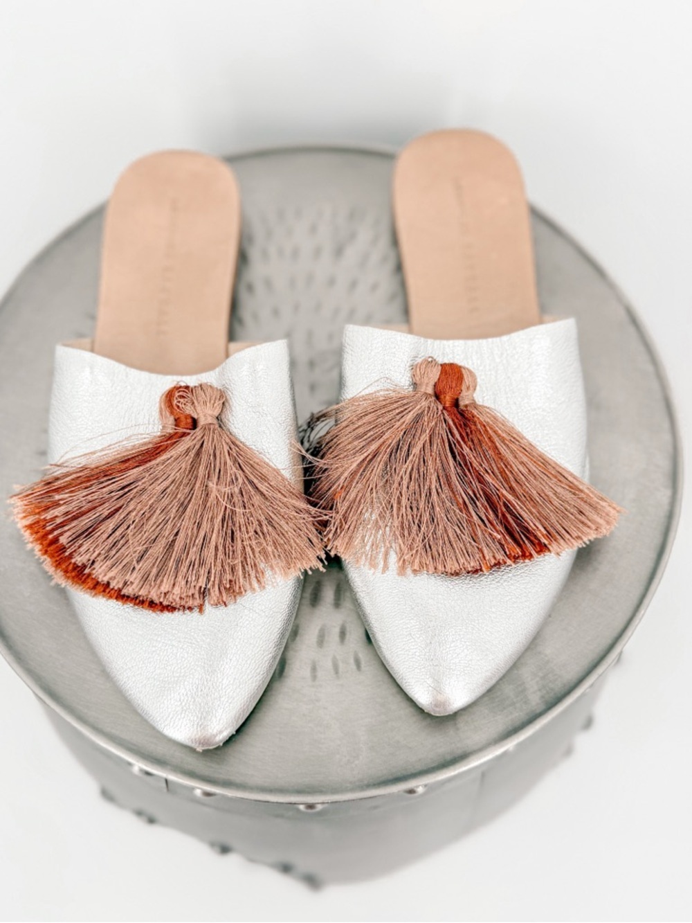 Loeffler Randall White Pointed Mules with Brown-Tan Tassels